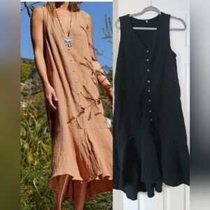 Free People Valerie Vest Midi Dress Bundle Linen Black & Iced Chai XS Pockets